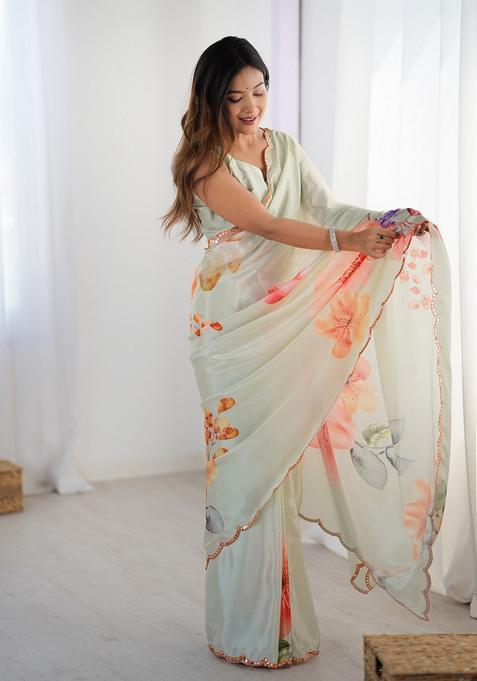 Off White Embellished Chinon Saree Set