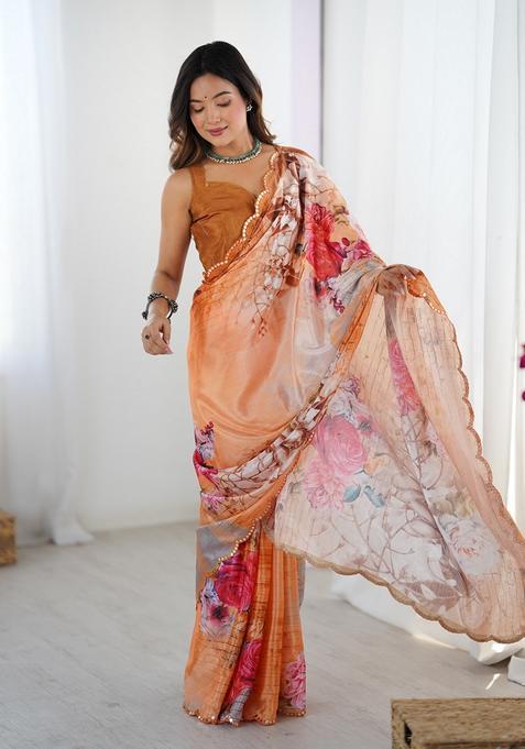 Orange Embellished Chinon Saree Set