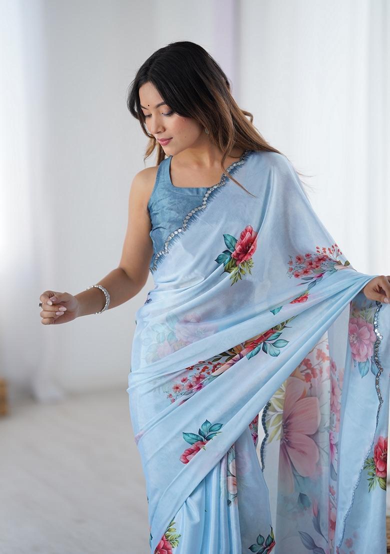 Aqua Embellished Chinon Saree Set - Indya