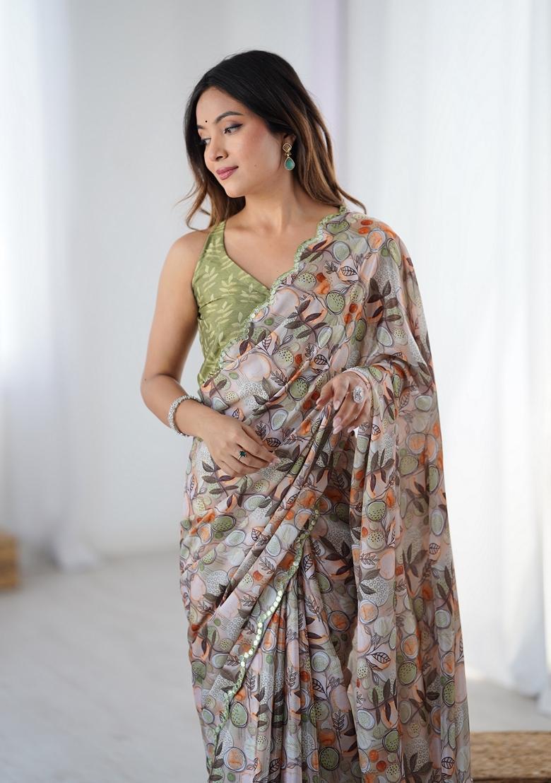 Green Embellished Chinon Saree Set - Indya