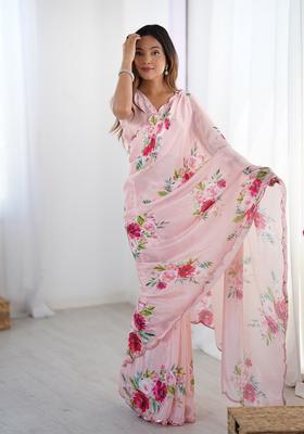 Pink Embellished Chinon Saree Set