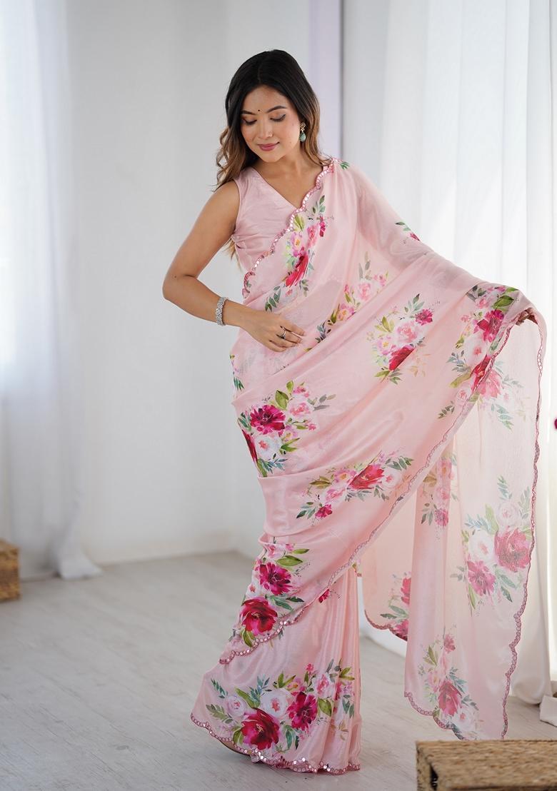 Pink Embellished Chinon Saree Set - Indya