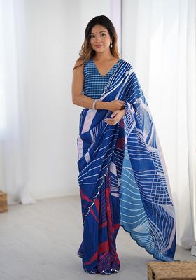 Blue Embellished Chinon Saree Set