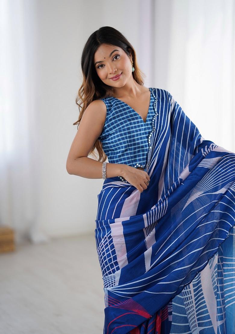 Blue Embellished Chinon Saree Set - Indya