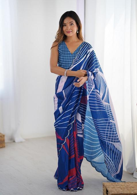 Blue Embellished Chinon Saree Set