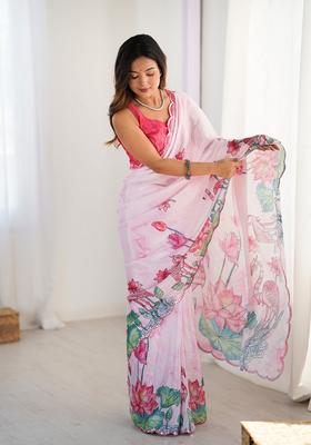 Pink Embellished Chinon Saree Set