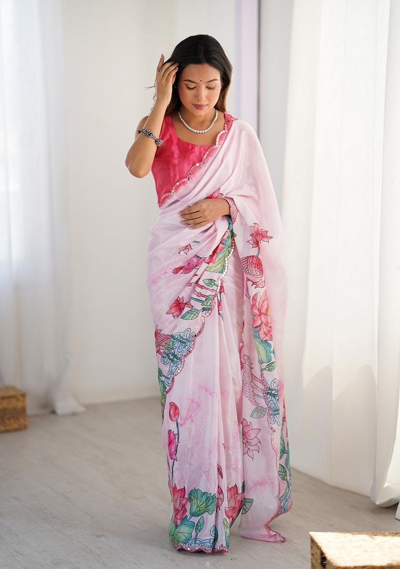 Pink Embellished Chinon Saree Set - Indya