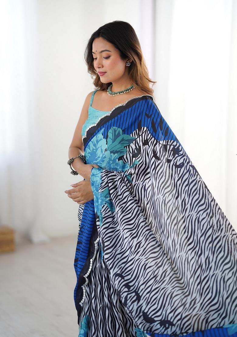 Aqua Embellished Chinon Saree Set - Indya