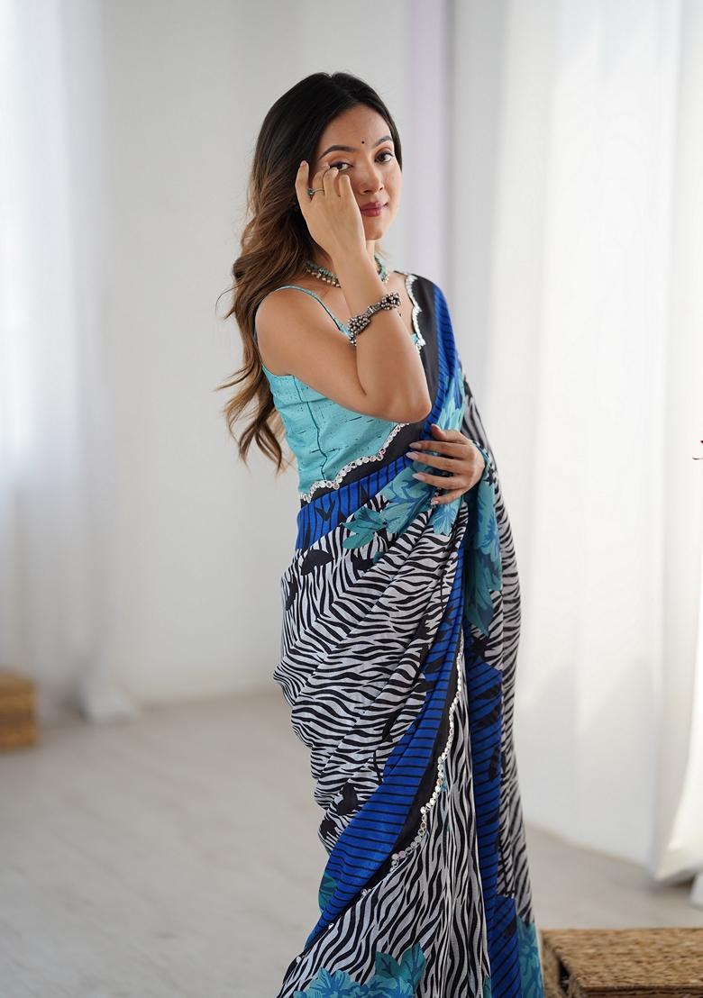 Aqua Embellished Chinon Saree Set - Indya