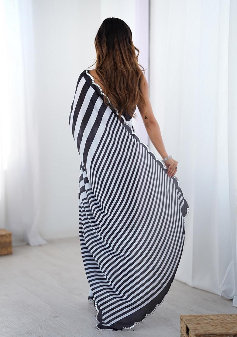 Black Embellished Chinon Saree Set - Indya