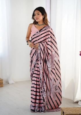 Pink Embellished Chinon Saree Set