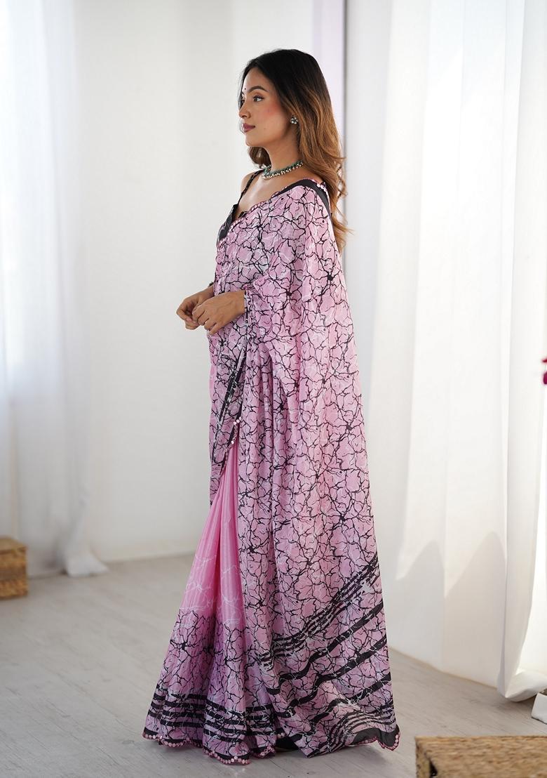 Pink Embellished Chinon Saree Set - Indya