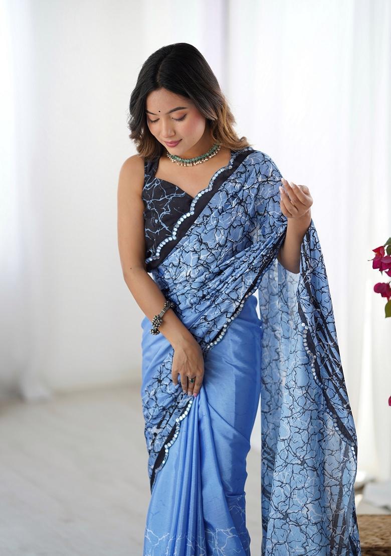 Blue Embellished Chinon Saree Set - Indya
