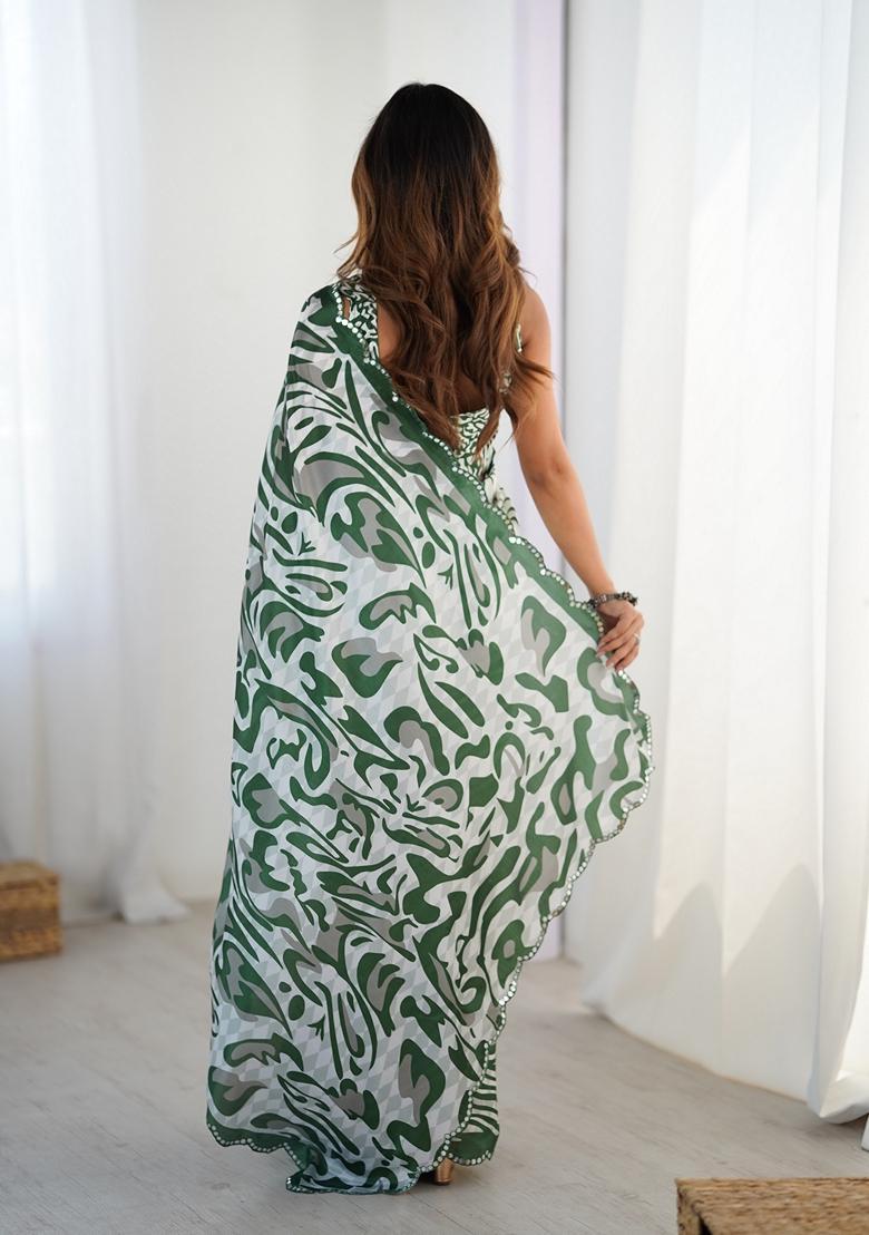 Green Embellished Chinon Saree Set - Indya