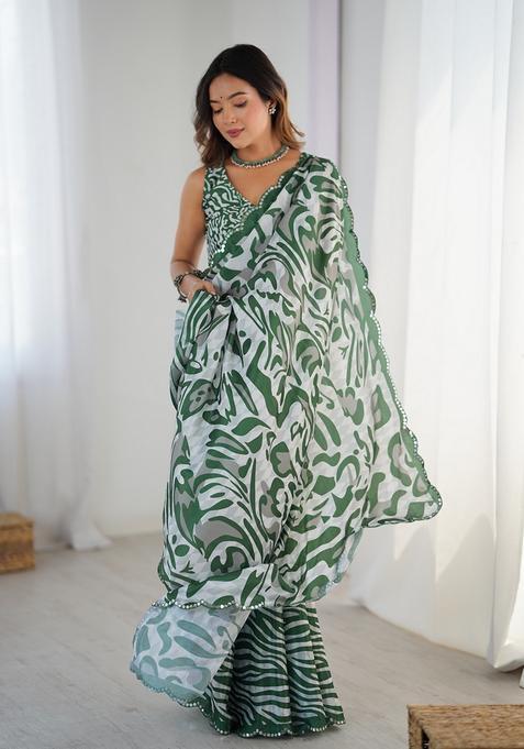Green Embellished Chinon Saree Set