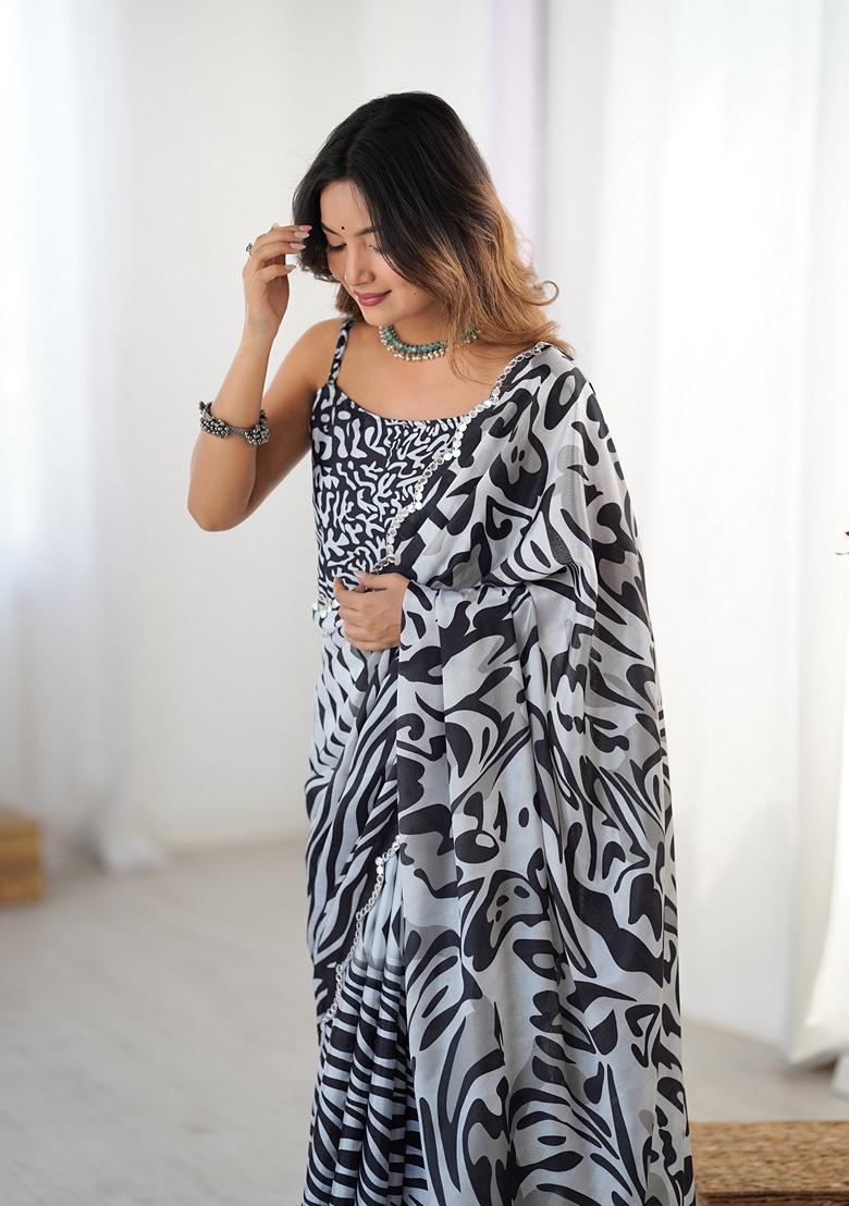 Black Embellished Chinon Saree Set - Indya