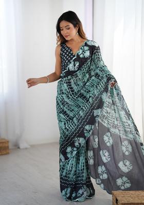 Teal Embellished Chinon Saree Set