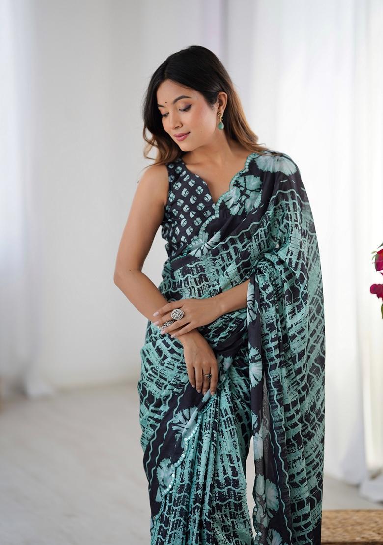 Teal Embellished Chinon Saree Set - Indya
