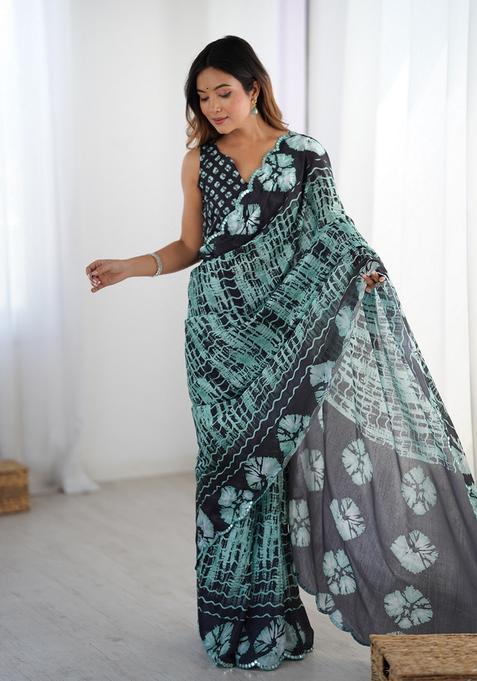 Teal Embellished Chinon Saree Set