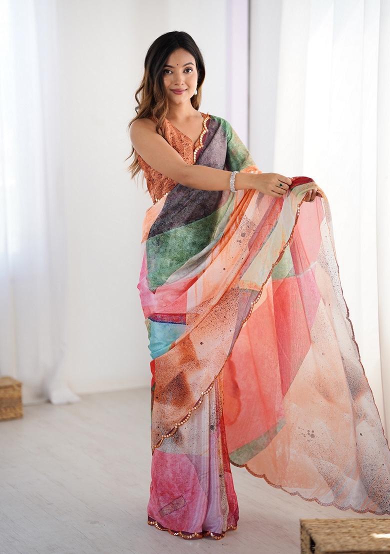 Multicolor Embellished Chinon Saree Set - Indya