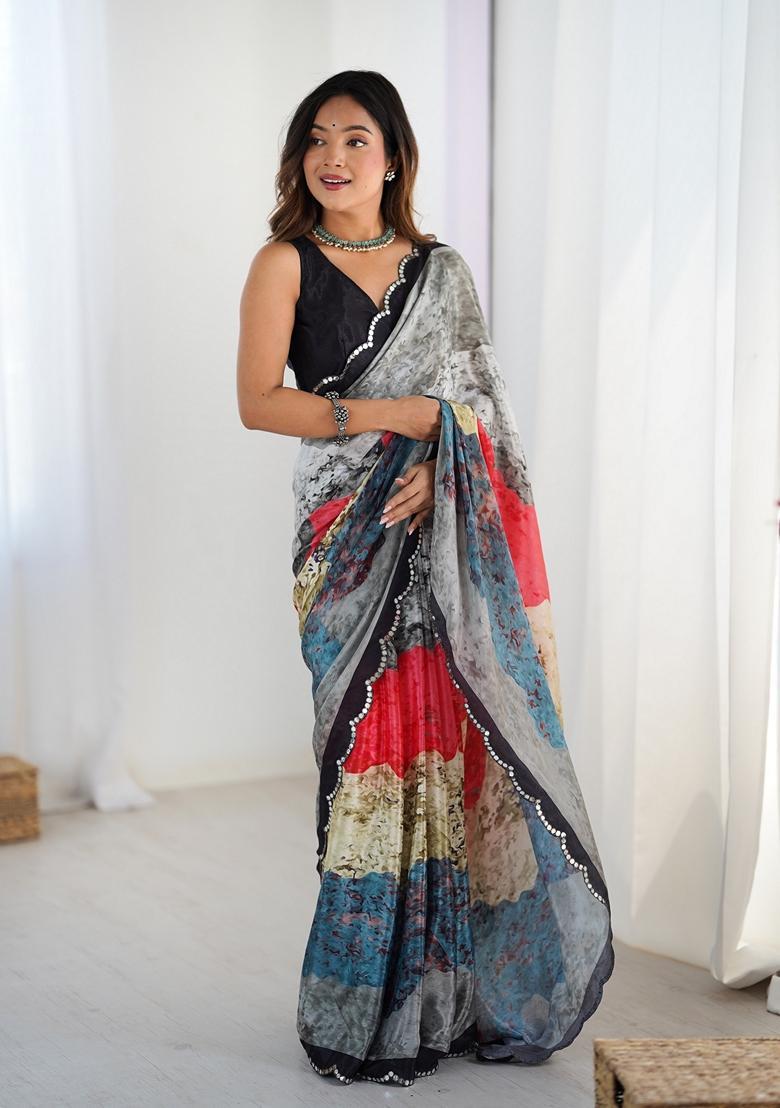 Multicolor Embellished Chinon Saree Set - Indya