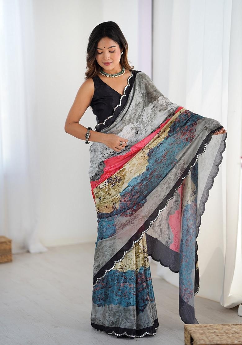 Multicolor Embellished Chinon Saree Set - Indya