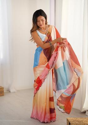 Multicolor Embellished Chinon Saree Set