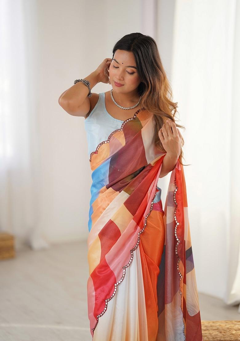 Multicolor Embellished Chinon Saree Set - Indya