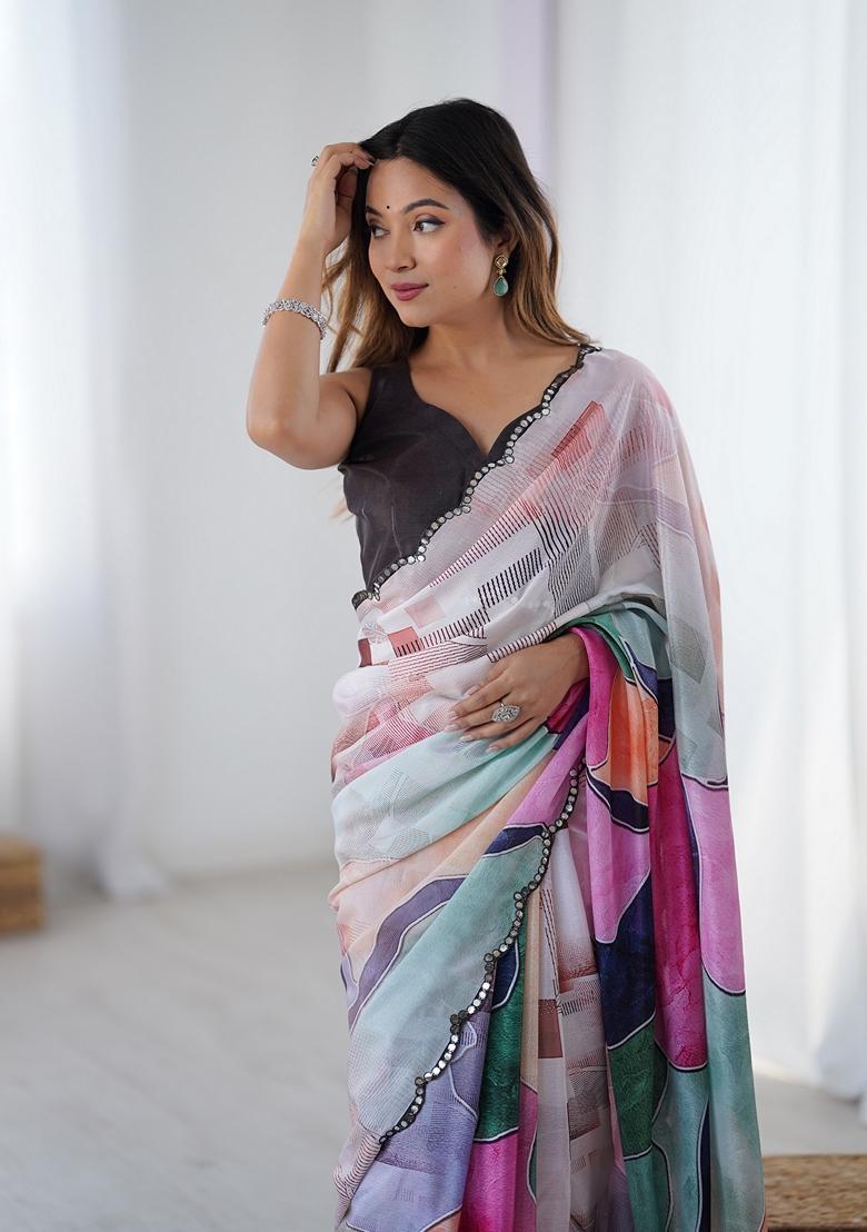 Multicolor Embellished Chinon Saree Set - Indya