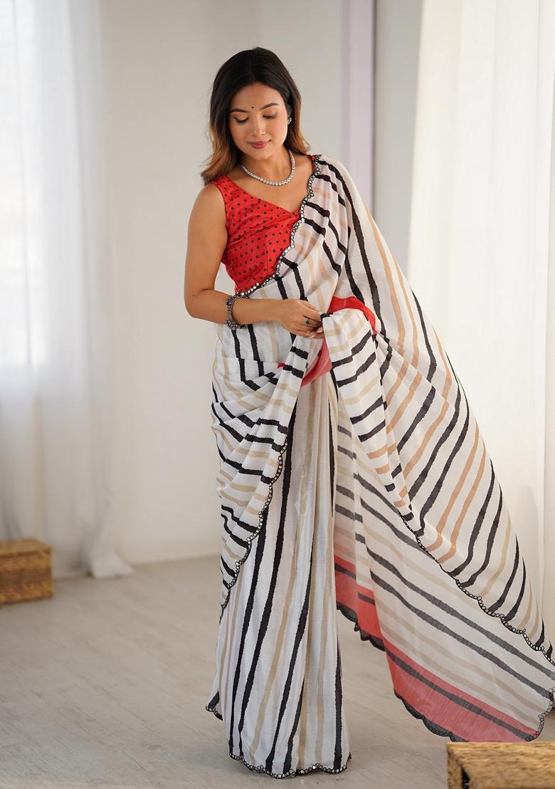 Off White Embellished Chinon Saree Set - Indya