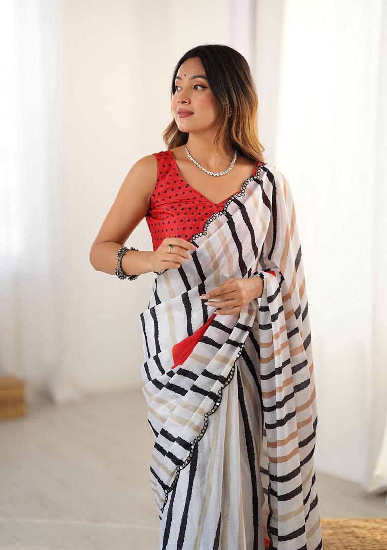 Off White Embellished Chinon Saree Set - Indya