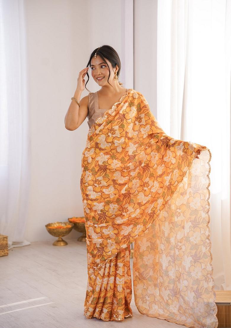 Yellow Embellished Chinon Saree Set - Indya