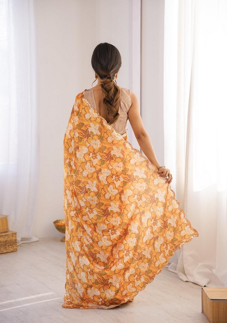 Yellow Embellished Chinon Saree Set - Indya