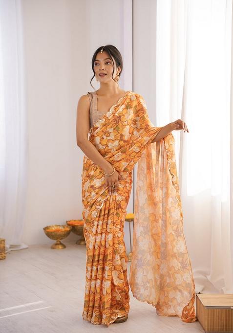 Yellow Embellished Chinon Saree Set