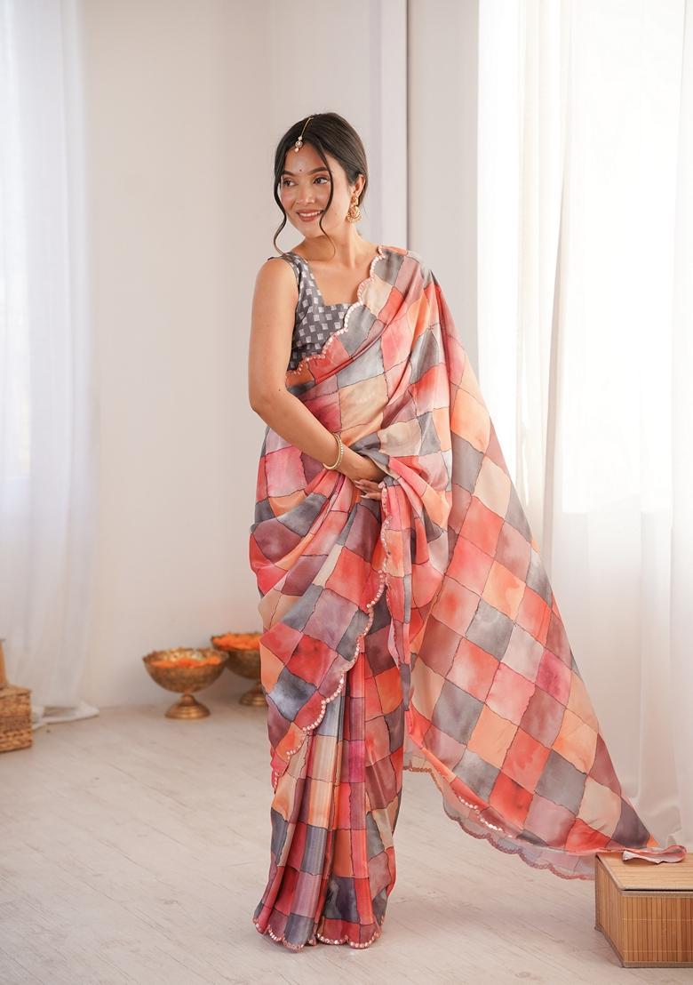 Peach Embellished Chinon Saree Set - Indya