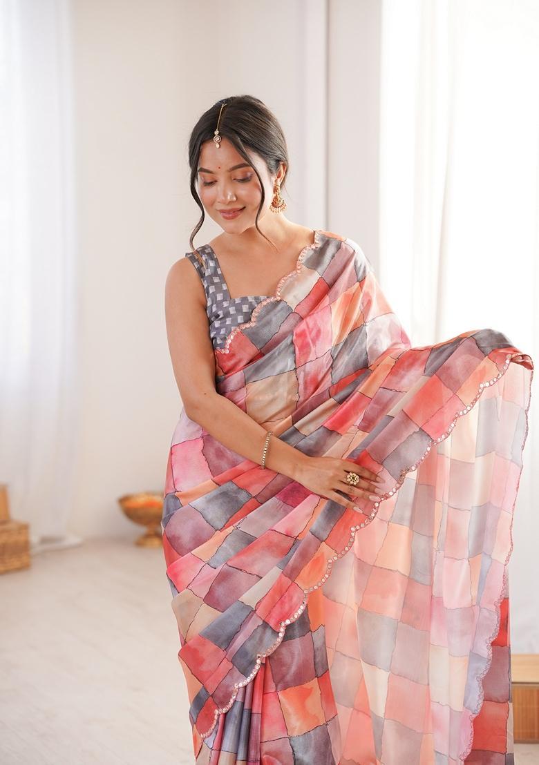 Peach Embellished Chinon Saree Set - Indya