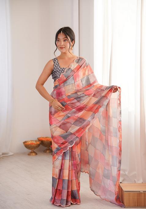 Peach Embellished Chinon Saree Set