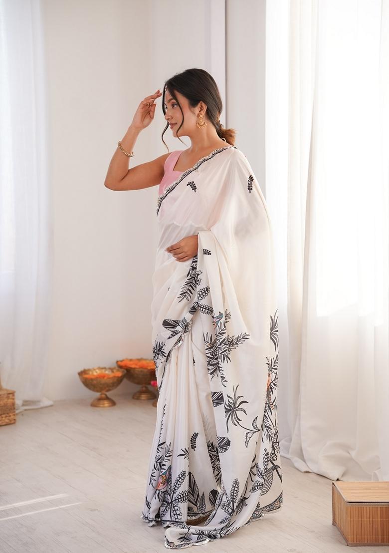 Off White Embellished Chinon Saree Set - Indya