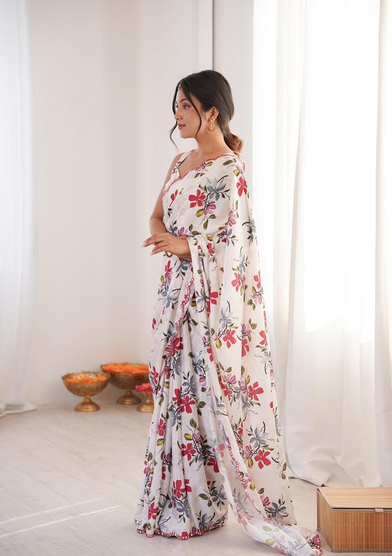 Off White Embellished Chinon Saree Set - Indya