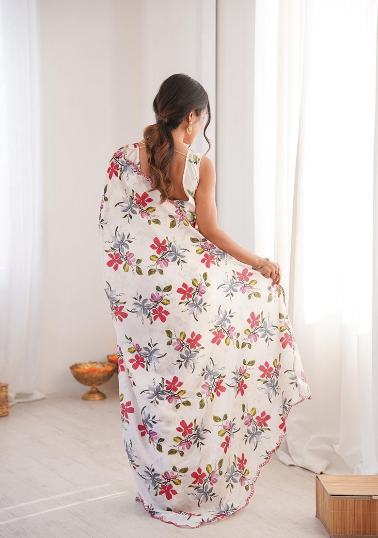 Off White Embellished Chinon Saree Set - Indya