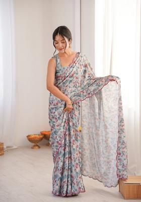 Grey Embellished Chinon Saree Set