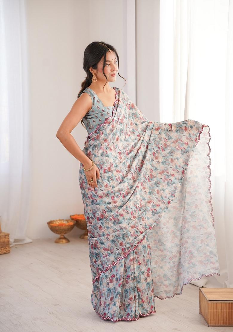 Grey Embellished Chinon Saree Set - Indya