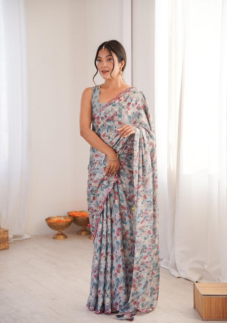 Grey Embellished Chinon Saree Set - Indya