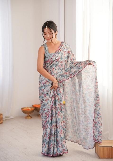 Grey Embellished Chinon Saree Set