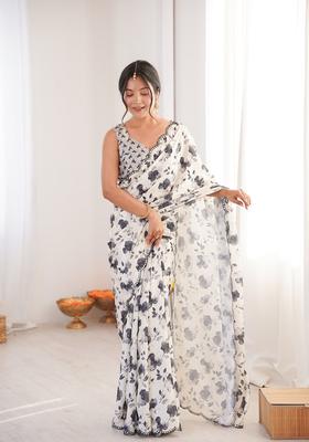Off White Embellished Chinon Saree Set