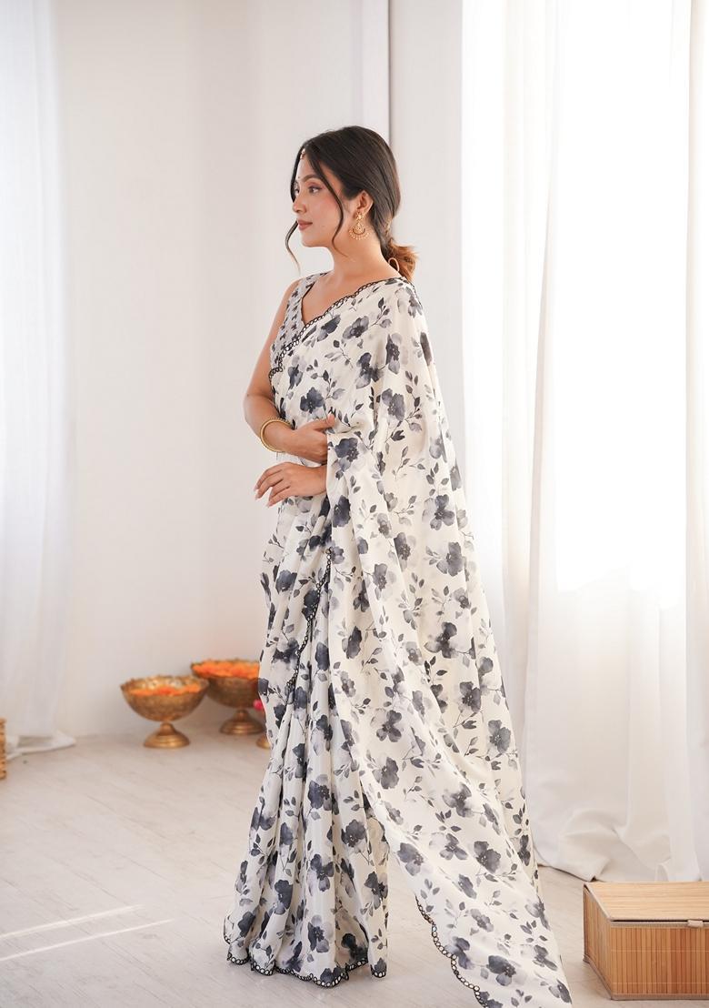 Off White Embellished Chinon Saree Set - Indya