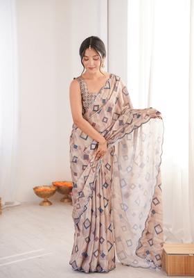 Peach Embellished Chinon Saree Set