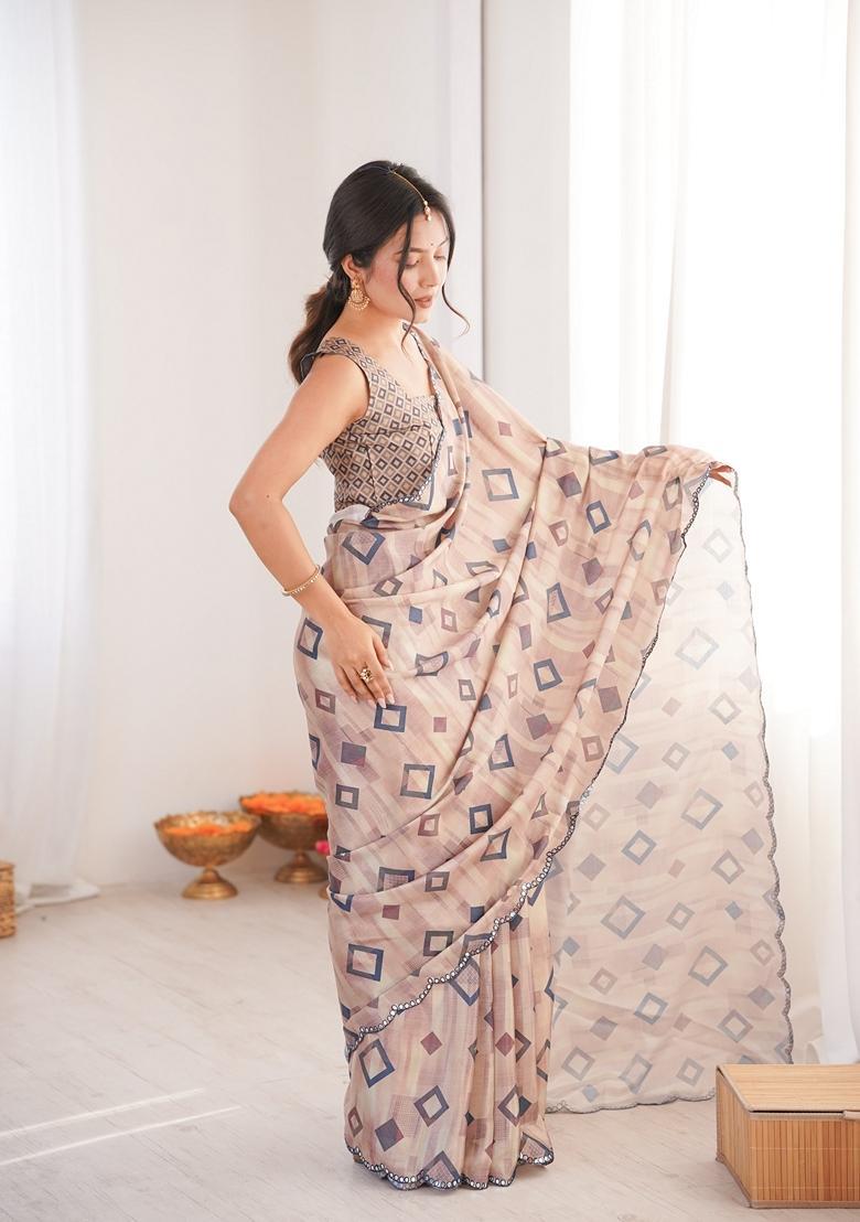 Peach Embellished Chinon Saree Set - Indya