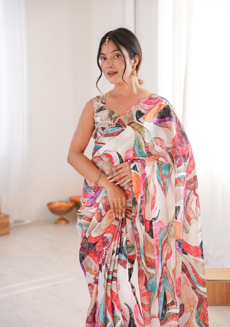 Multicolor Embellished Chinon Saree Set - Indya