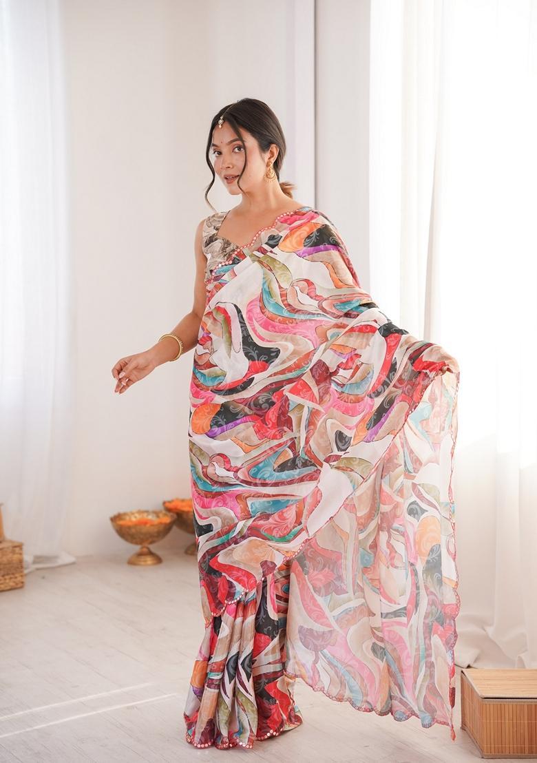 Multicolor Embellished Chinon Saree Set - Indya